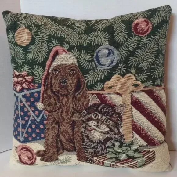Vtg Spaniel Dog Kitten Christmas Throw Pillow Decorative Tapestry