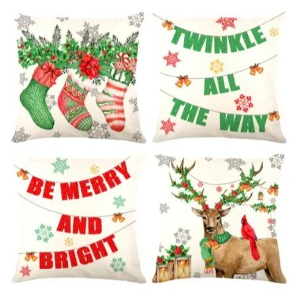 Set of 4 Christmas Zipper Throw Pillow Cover Cases 18 x 18 Reindeer Bird Holiday