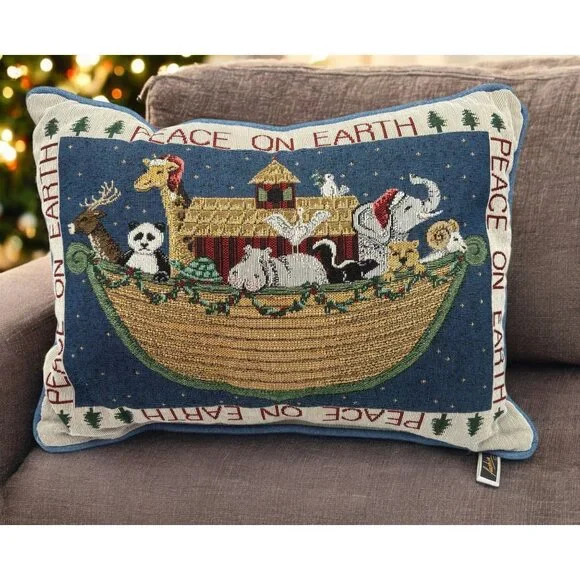 Noahs Ark Tapestry Accent Pillow Peace On Earth Home Decor 16 Inch Animal Theme