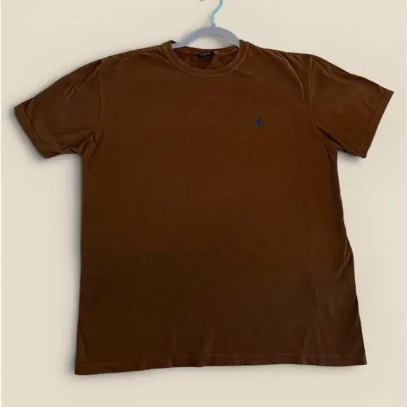Polo Ralph Lauren Med Brown TShirt Blue Pony Logo Vintage Distressed 21.5” PTP