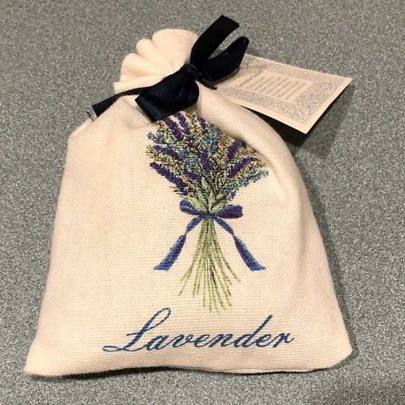 Lavender Embroidered Sachet with Blue Ribbon