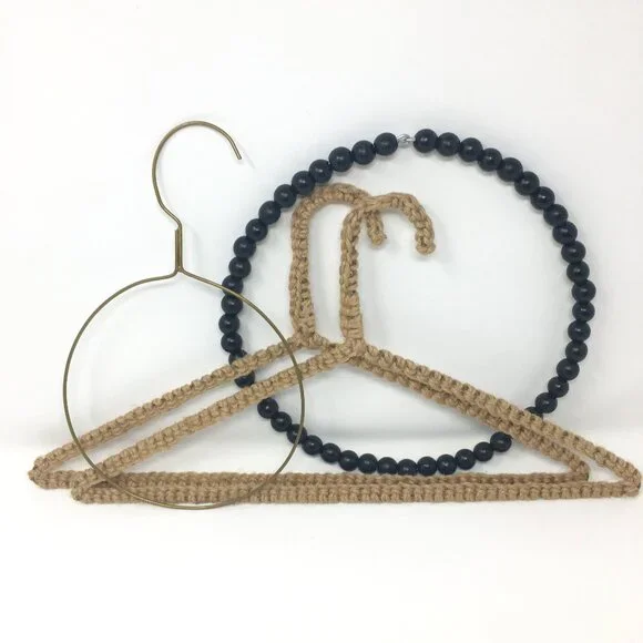 Lot of Four Crocheted Jute Metal Brass Black Wood Beaded Scarf Clothes Hangers