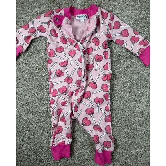 Magnolia Baby Pima Cotton Girls Pink Heart Lollipop Footie Pajamas 9 Months
