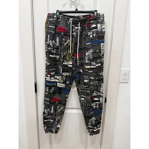 Elwood Mens Newspaper Print Joggers Black Graphic Streetwear Pants XL