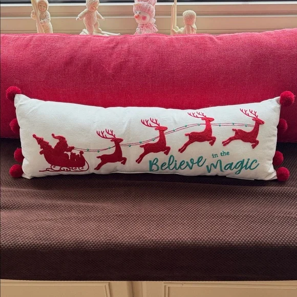 Festive Reindeer Sleigh Pillow - Red and White