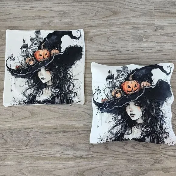 Halloween Gothic Witch Throw Pillow Covers Hat w/Pumpkins Zip Closure Set Of 2