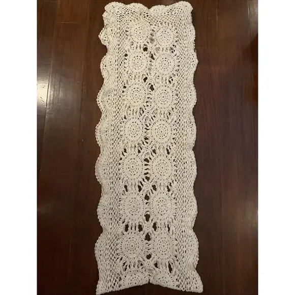 Vintage Hand Crochet Table Runner Dresser Scarf Rectangle Lace Doily Wedding