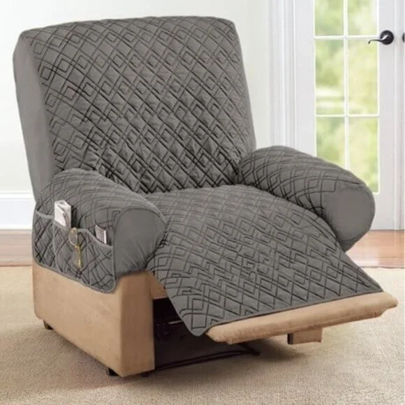 Recliner Cover with Storage Diamond Quilted Stretch Gray