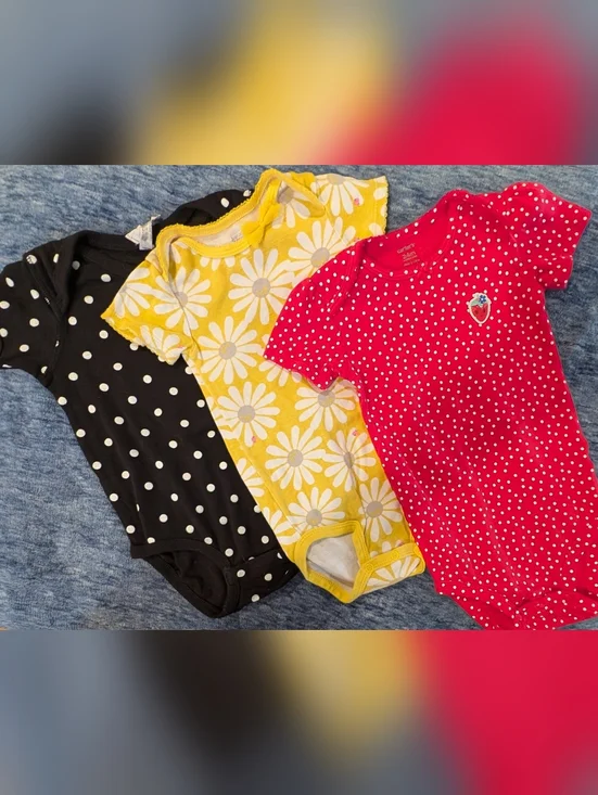 Set of 3 Baby Onesies - Yellow Daisy, Pink Polka Dot, Black Polka Dot