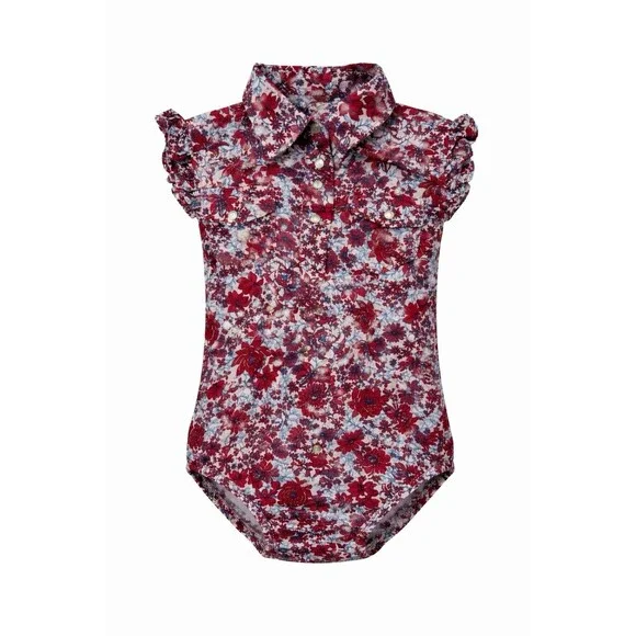 Shyanne Girls Floral Western Baby Romper Red Blue Cowgirl Pearl Snap Ruffle 3-6
