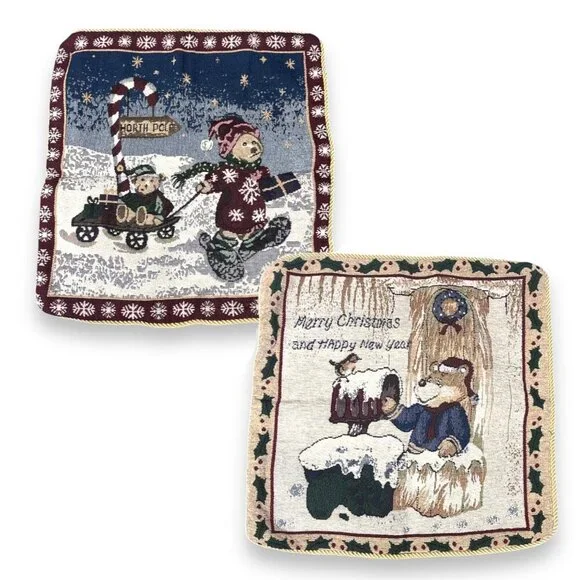 Set of 2 Vintage Christmas Teddy Bear Tapestry Square Pillow Covers Holidays