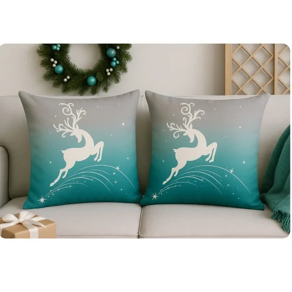 CALITIME Teal & Gray Reindeer Pillow Covers 17½″ × 17½″ (Set of 2)