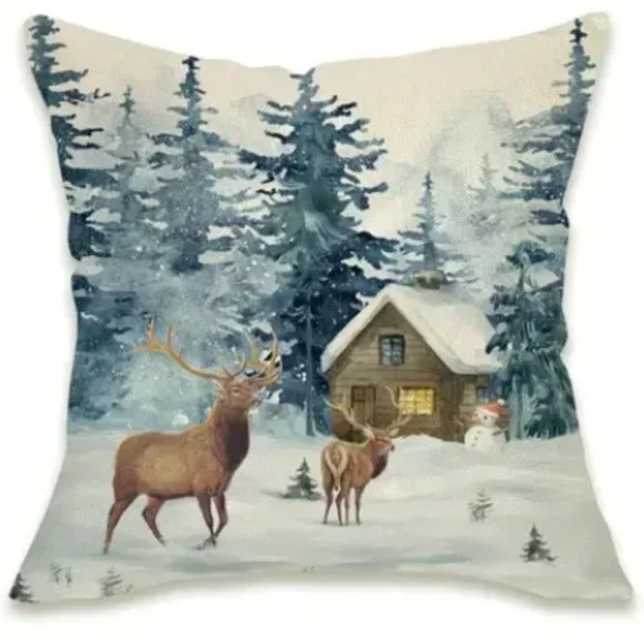 NEW CHRISTMAS WATERCOLOR TREE DEER/BUCK SNOWY CABIN LINEN BLEND PILLOW COVER 18