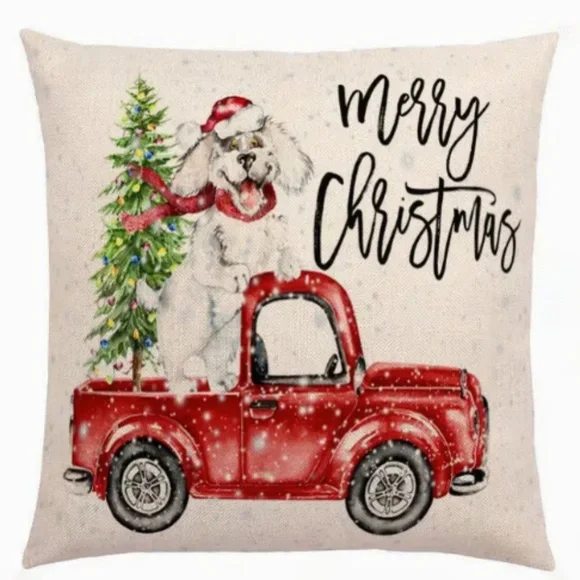 NEW MERRY CHRISTMAS VINTAGE RED TRUCK PUPPY DOG TREE LINEN PILLOW COVER 17.7