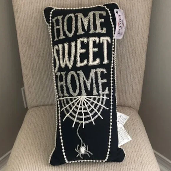Haunted Manor Home Sweet Home Beaded Halloween Throw Pillow 19x8 Black Silver