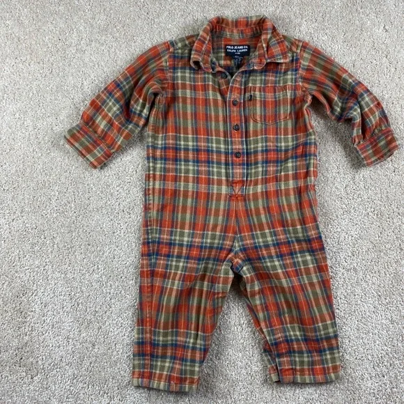 Polo Jeans Co Ralph Lauren Plaid One Piece Pajamas Romper Kids L 12 18 Months‎