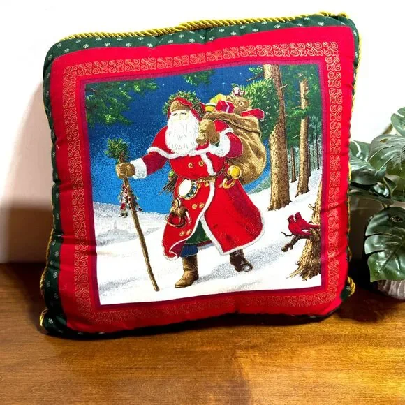 Vintage Santa Claus Throw Pillow Old World Santa Decorative Pillow Red Handmade