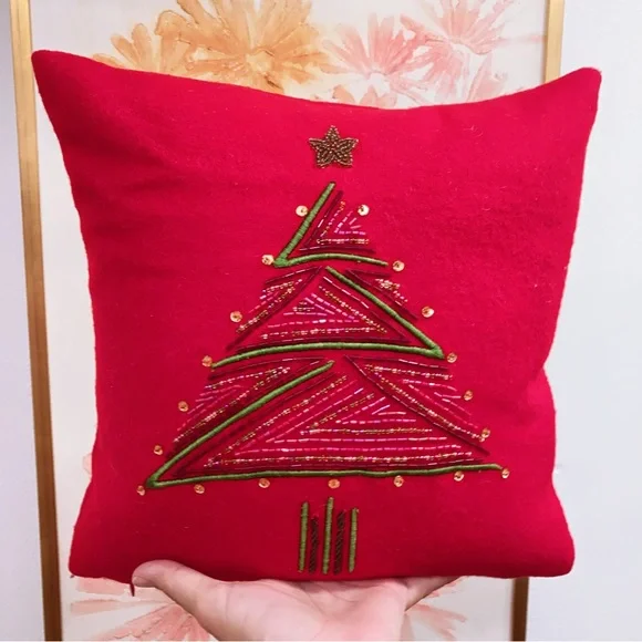 Red Wool Beaded Christmas Tree Throw Pillow