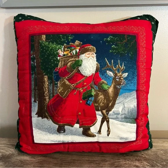 Handmade Old World Santa Throw Pillow Double Sided 14.5” Father Christmas