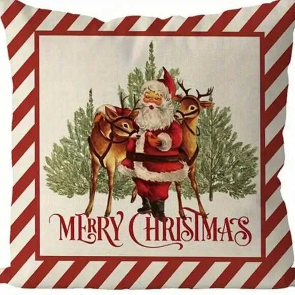 Christmas Ho Ho Ho Old World Santa and Reindeer Christmas Pillow Cover 18X18 NEW