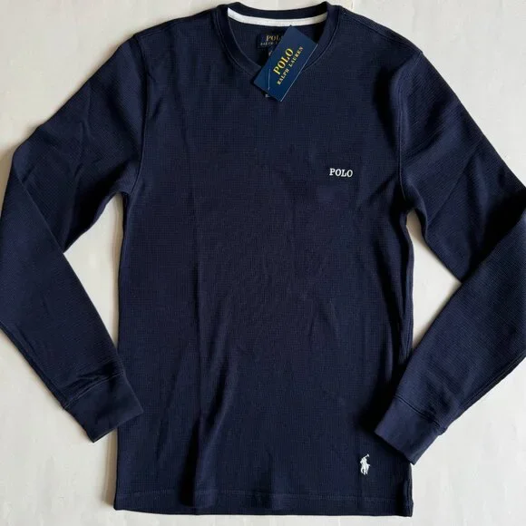 Polo Ralph Lauren Polo Pony Logo Thermal Waffle Knit Long Sleeve Shirt Navy