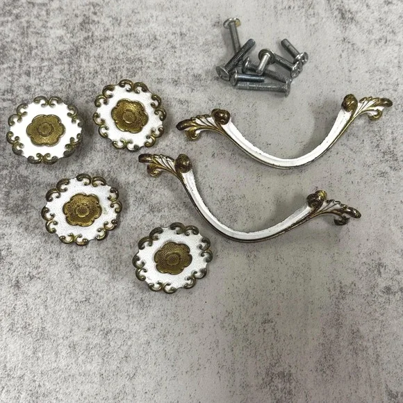 Vtg French Provincial Dresser Hardware: Brass & White Handles Knobs, Set of 6