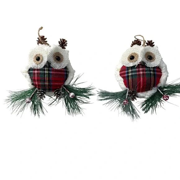 Set of 2 Christmas Owl Ornaments Plaid Sherpa Rustic Woodland Holiday Decor