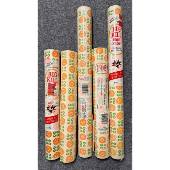 Vintage Bug Kill Shelf Paper by Rave Baygon Treated 5 Rolls Orange Green Floral