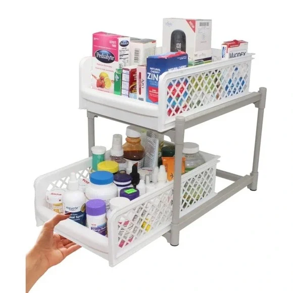 Skywin 2-Tier Sliding Cabinet Pull Out Organizer, White Plastic Storage Drawers