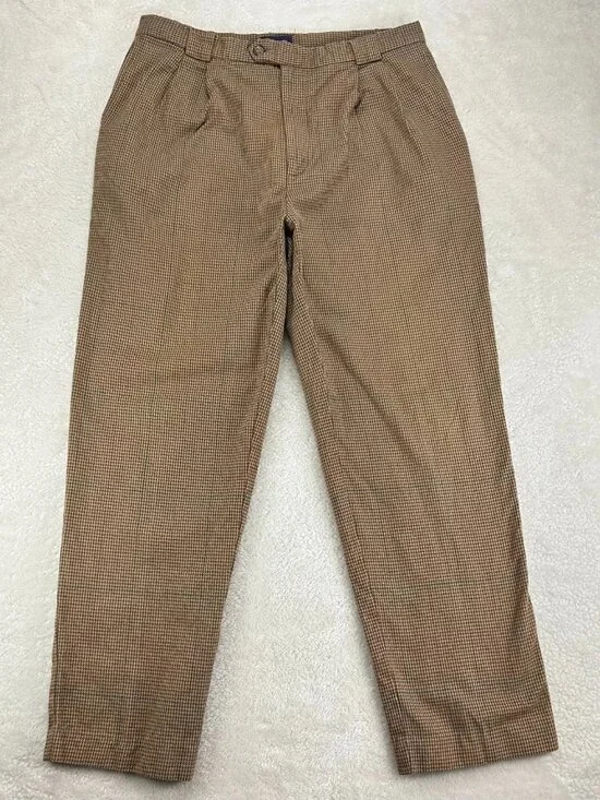 Gant Trouser Pants Mens 36x32 Brown Hounstooth Cotton Pleated Straight Leg