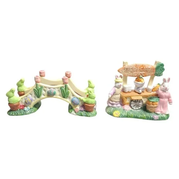 Set/2 Hoppy‎ Hollow 2002 Easter Bunnies Accessories Bridge/Carrot Juice Stand