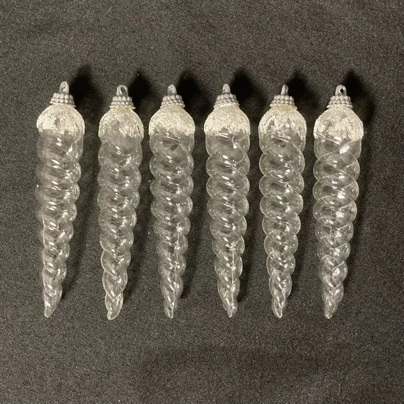 Vintage Transparent Plastic Icicle Ornaments with Faux Snow Set of 6