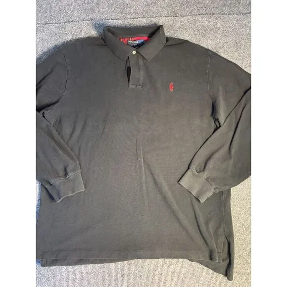 Polo by Ralph Lauren Polo Shirt Men XL Black Knit High Low Slit Long Sleeve Pony