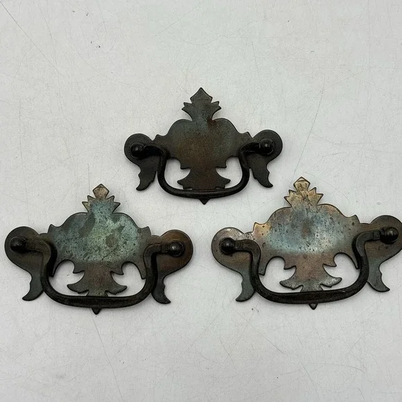 Vintage Drawer Pulls Set 3 Brass Patina Handles 2 Large 1 Small