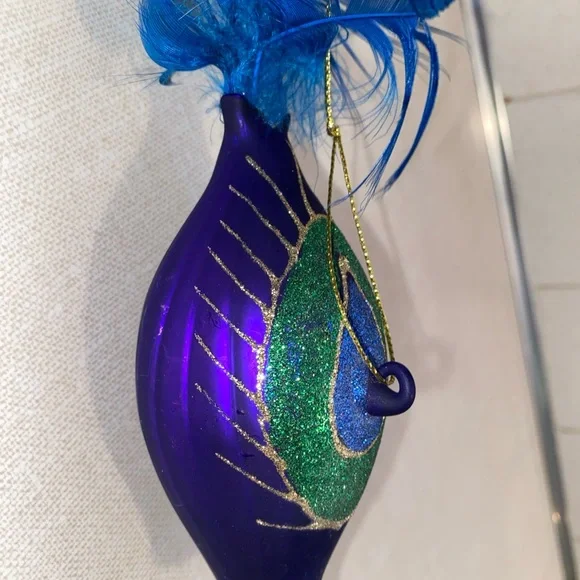 Vintage Peacock Glass Christmas Ornament With‎ Feathers