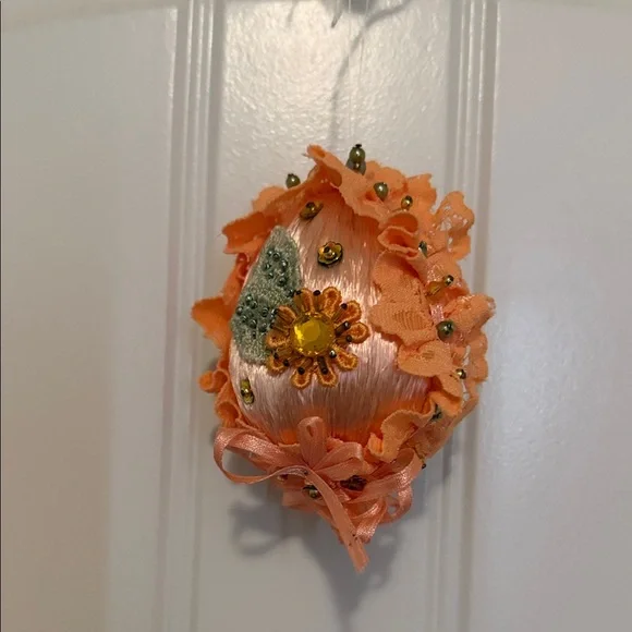 Handmade Embroidered Orange Decorative Easter Egg Ornament