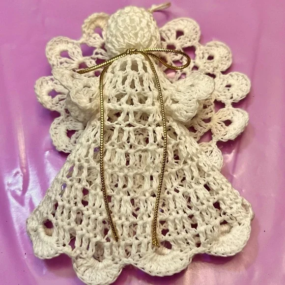 Vtg 3D Crochet Angel Ornament | Starched Lace Snowflake Halo Grandmacore Decor