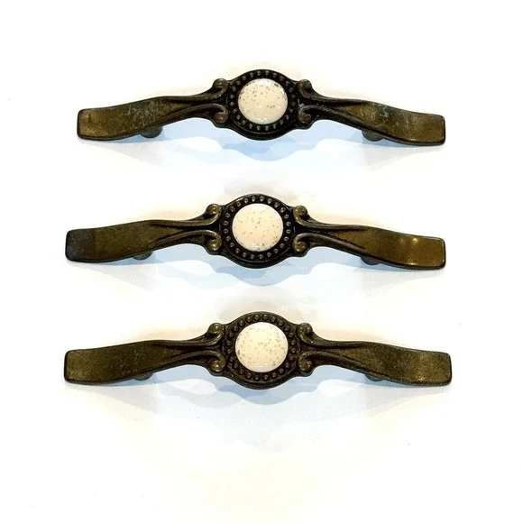 3 Vtg Brass Speckled Stone Center Hardware Cabinet Drawer Pulls Sundial Center