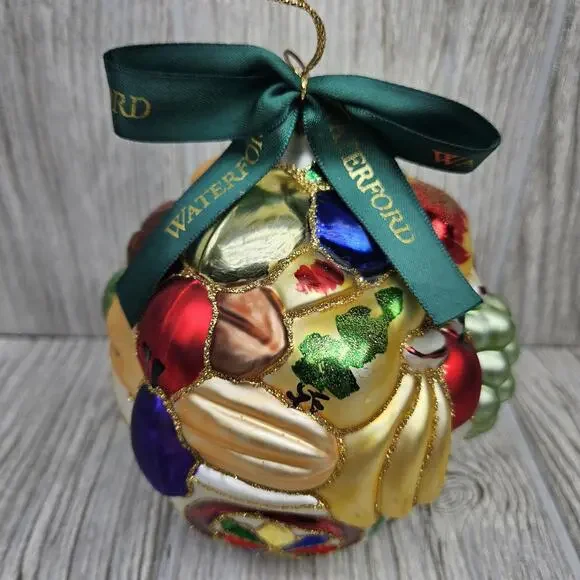 Waterford Glass Ornament Fruit Bowl Hand Painted Holiday Decor Ribbon 5 Inch Art