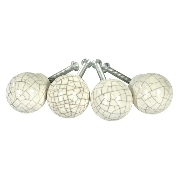 Set of 4 Ceramic Crackle White Cabinet Knobs Round Drawer Pulls 1