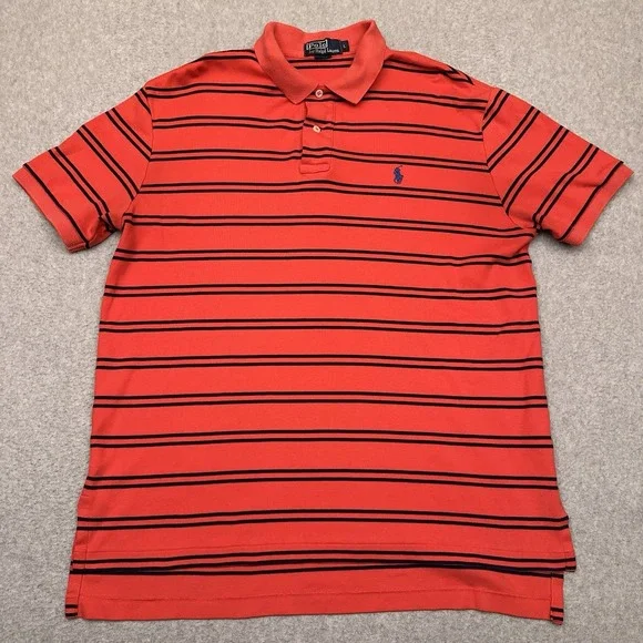 Vintage Polo Ralph Lauren Polo Shirt Men's L Red/Orange Striped 100% Cotton Golf
