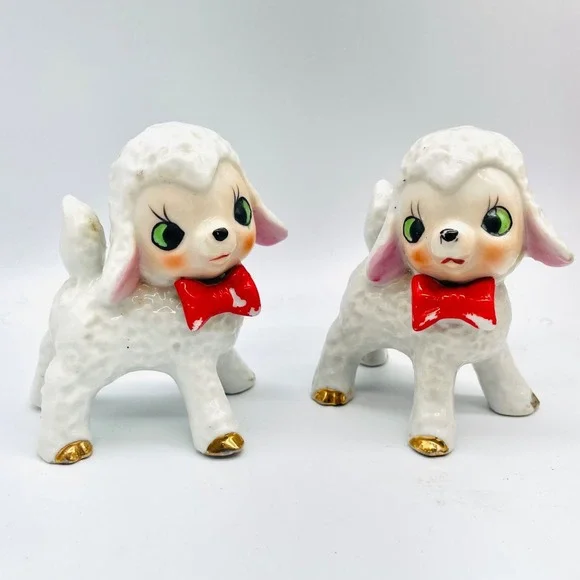 Japan Pair Lamb Figurine Set Red Bow Gold Feet Christmas Anthropomorphic