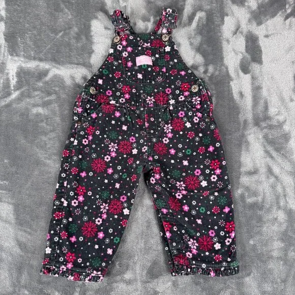 OshKosh B'gosh Baby Girl Size 9 Months Corduroy Overalls Floral Red 100% Cotton