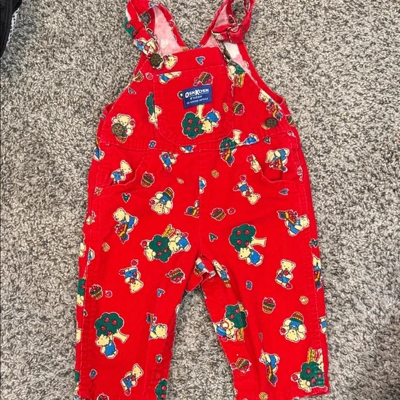 Vintage OSHKOSH Vestbak Corduroy Overalls 12 Mos Red USA bears/trees Snap Crotch