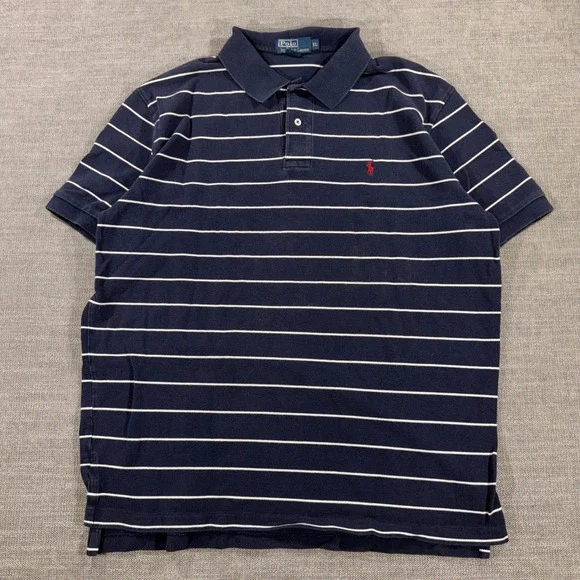 Polo Ralph Lauren Polo Shirt Mens XL Navy Blue Excellent Striped Cotton Pony