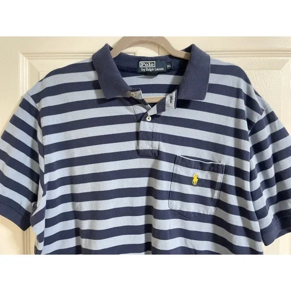 vintage polo ralph lauren Polo Shirt Men XL Navy‎ & Blue Stripped Cotton Classic