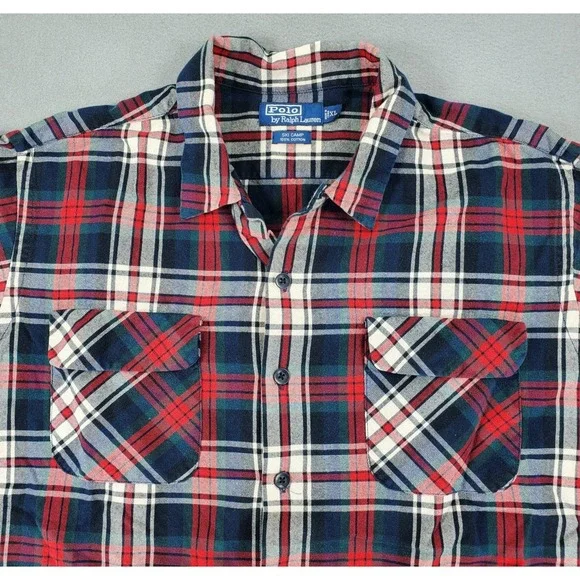 Vintage Polo Ralph Lauren Flannel Shirt Loop Collar Ski Camp Plaid Men XL Tartan