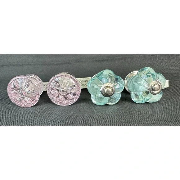 NWT Glass Drawer Pulls Clear Light Pink & Blue Dresser Kitchen Lot Of 4