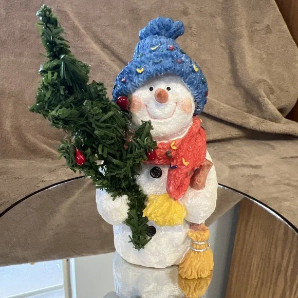 Vintage Christmas Figurine Snowman‎ With Tree Band Creations 1990s Blue Hat