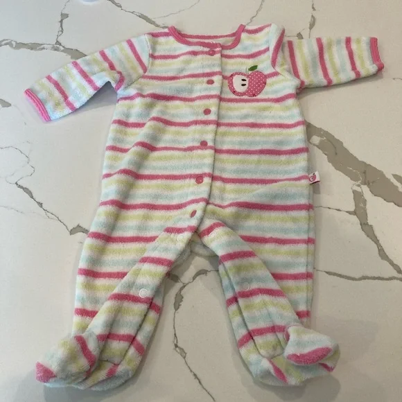 Baby girl carters white pink stripe footie pajamas pjs sleeper button up apple